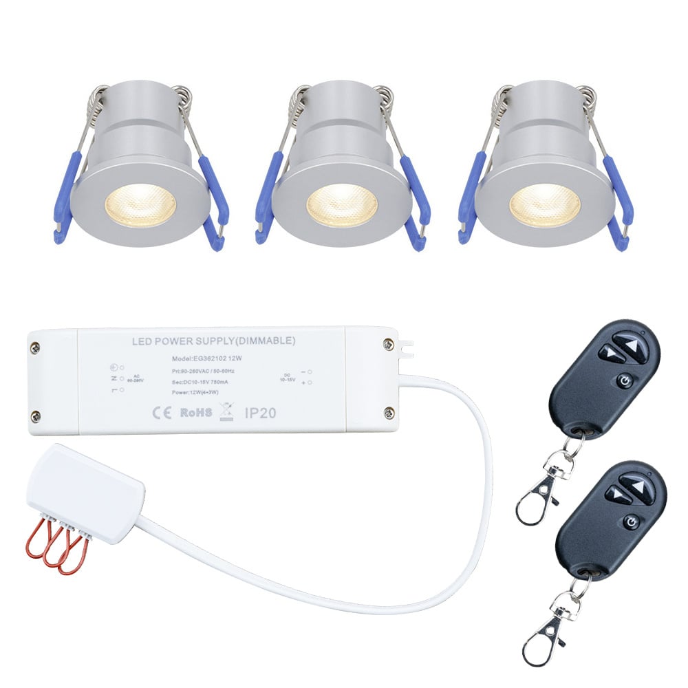 HOFTRONIC™ Set van 3 Milano LED dimbare badkamerverlichting - Warm wit - Met trafo 12V - IP44 waterdicht - Voor badkamers en douche verlichting - RVS - met 2x afstandsbediening ~ Spinze.nl